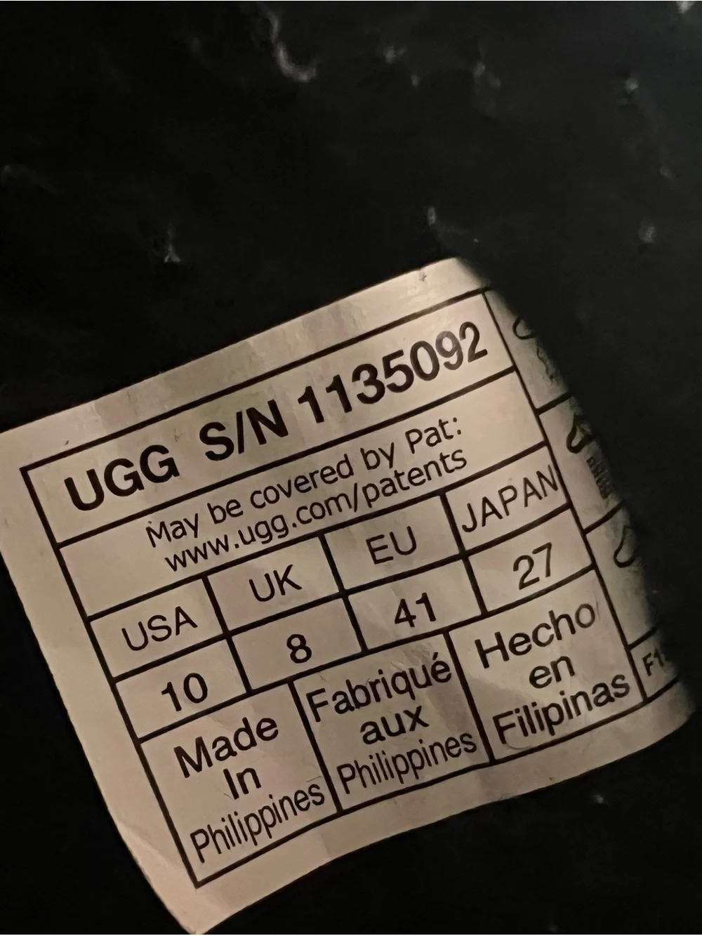 UGG Black Interior Label and Size Tag